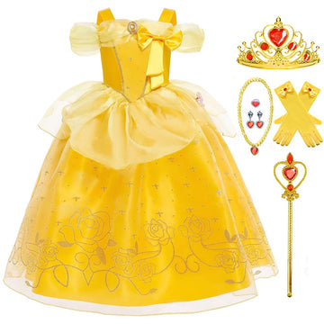 Luzlen Princess Costume For Girls Kids Belle Dress Halloween Cosplay Party Outfit Toddler Princess Dress Up, 5-6 Years(Label 130)