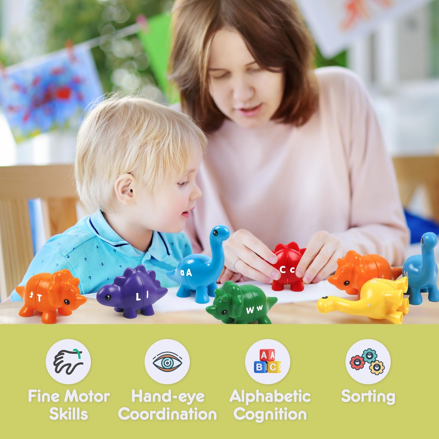 GKDOMS Alphabet Dinosaurs Matching Letters Toy - 26 PCS Double-Sided ABC, Handheld Plastic Game for Ages 18+ Months, Model AQ826