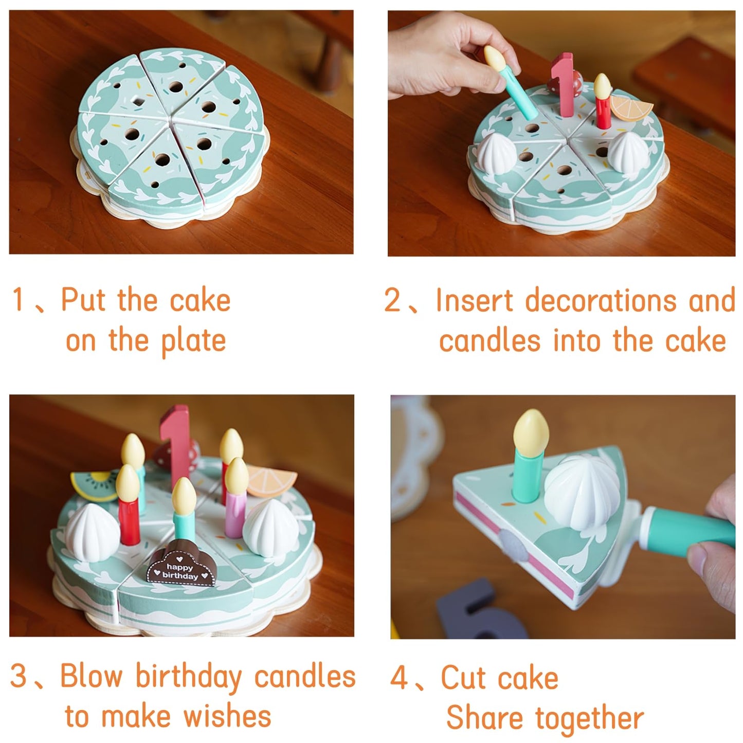 Wooden Birthday Cake Play Food Set Toys, Pretend Play Kids Tea Party Set For Little Girls Toddlers, Montessori Wooden Play Kitch