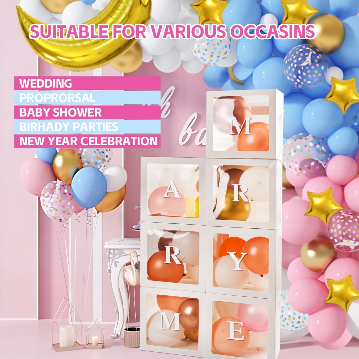 Pabues Baby Boxes For Baby Shower White Clear Balloon Box Blocks Gender Reveal Decorations And Birthday Party (7 Pcs Balloon Box
