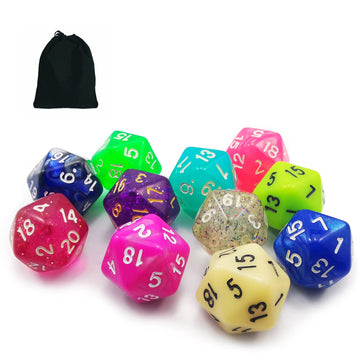 Bescon 10Pcs Set Of 20 Sided Dice (Number 1-20), 10 Count Assorted Random Multi Effected&Colored Pack Of D20 In Drawstring Pouch