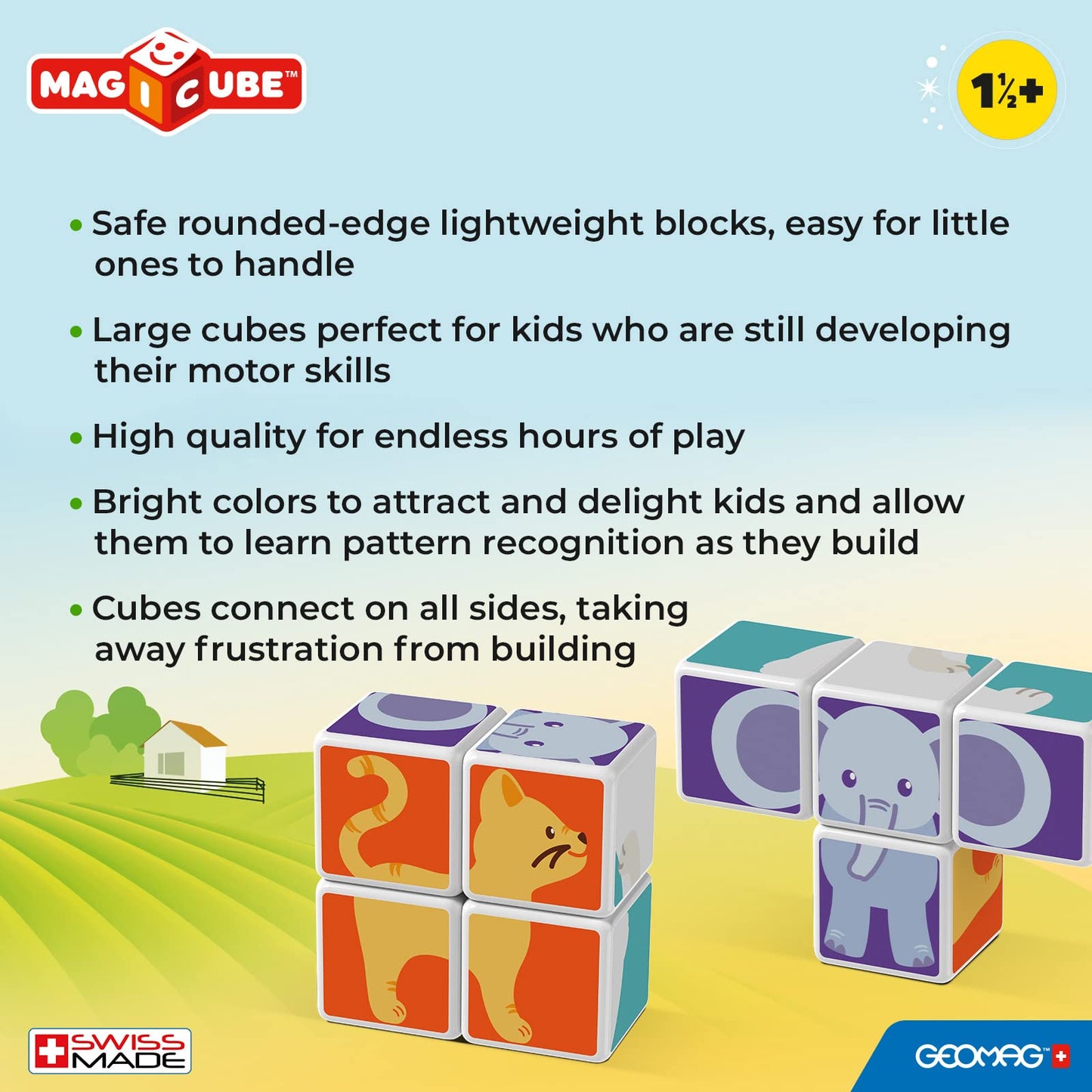 Geomag Magicube Animal Friends 4-Piece Magnetic Stacking Cubes Building Set, Toddlers & Kids Ages 1.5+, Stem Educational Toy, Swiss-Made, Creativity, Imagination, Learning, 6 Adorable Building Ideas