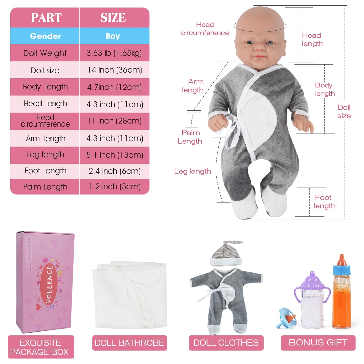 Vollence 14'' Full Silicone Realistic Baby Doll - Lifelike Platinum Boy