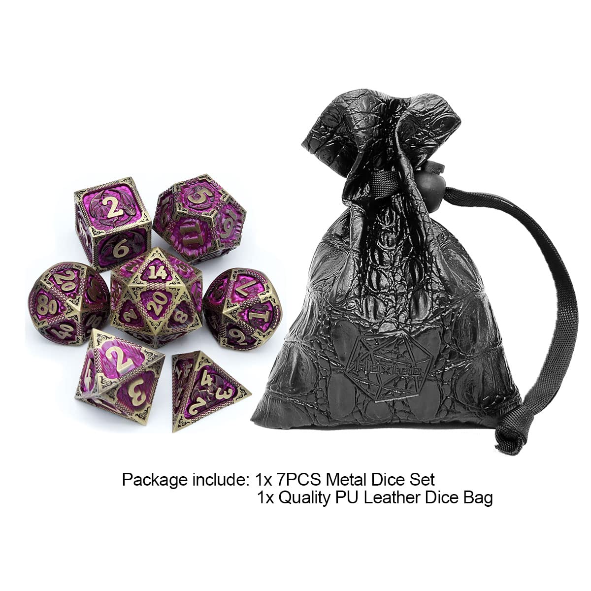 Haxtec Metal Dice Set Purple Black Dragon Pattern Metal DND Dice with Leather Dice Bag Polyhedral D&D Dice for Dungeons and Drag