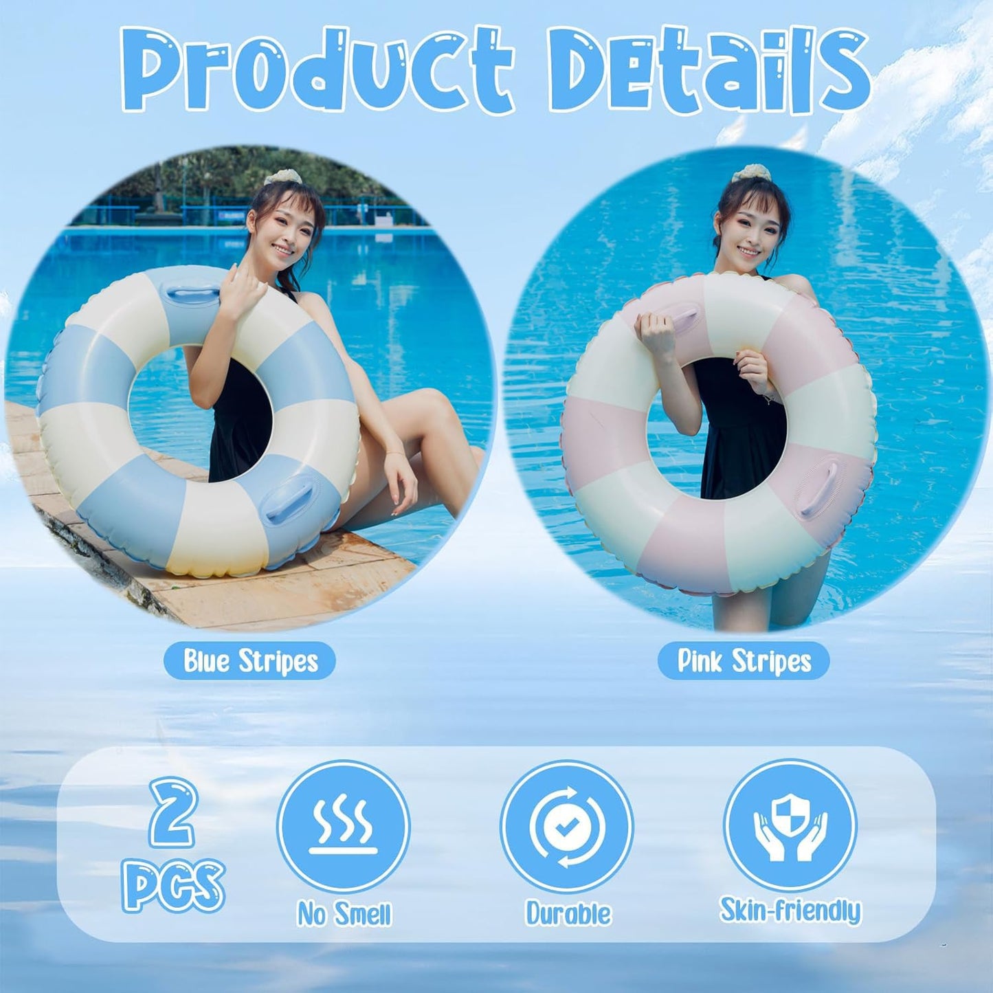 2PCS Pool Floats for mature-themed Striped Swim Ring Pool Floaties Inflatable Swimming Pool Raft Party Water Summer Beach Lounger Float Party Supplies (120#Multi Stripe 2)