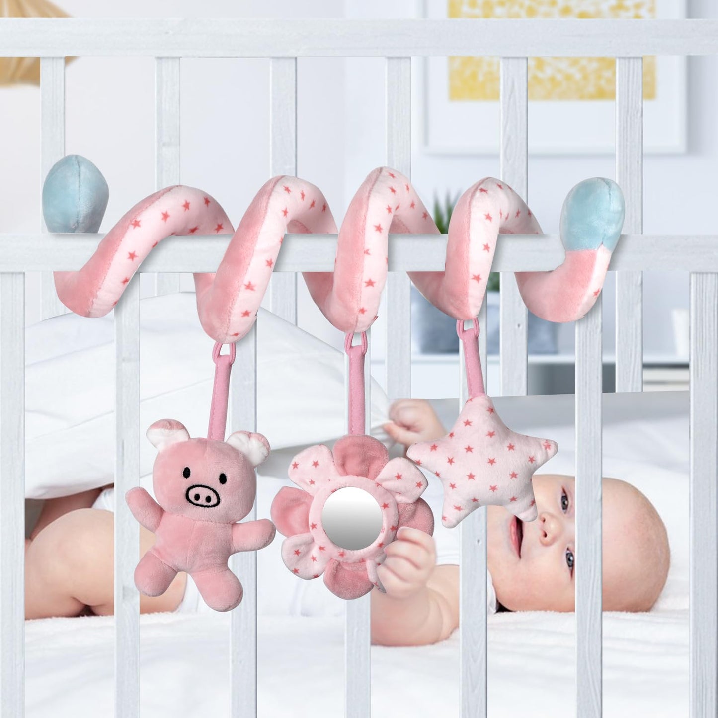 Car Seat Toys, Infant Baby Pink Pig Spiral Activity Hanging Toys Stroller Toys For Car Seat Stroller Bar Crib Bassinet Mobile With Mirror Bb Squeaker And Rattles