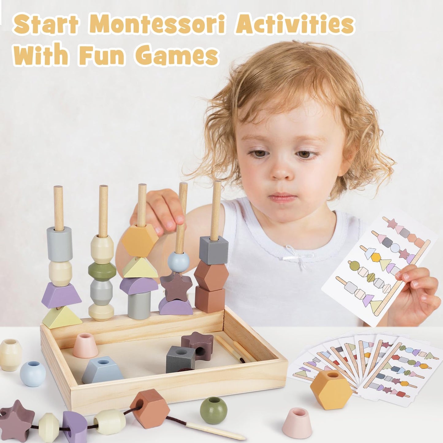 Montessori Toys For 3 Year Old - Wooden Lacing Beads & Stacking Blocks Toys For 3 4 5 Year Old Girl Boy Easter Birthday Gifts, Preschool Learning Activities With Beads Sequencing Set For Toddler 2-4