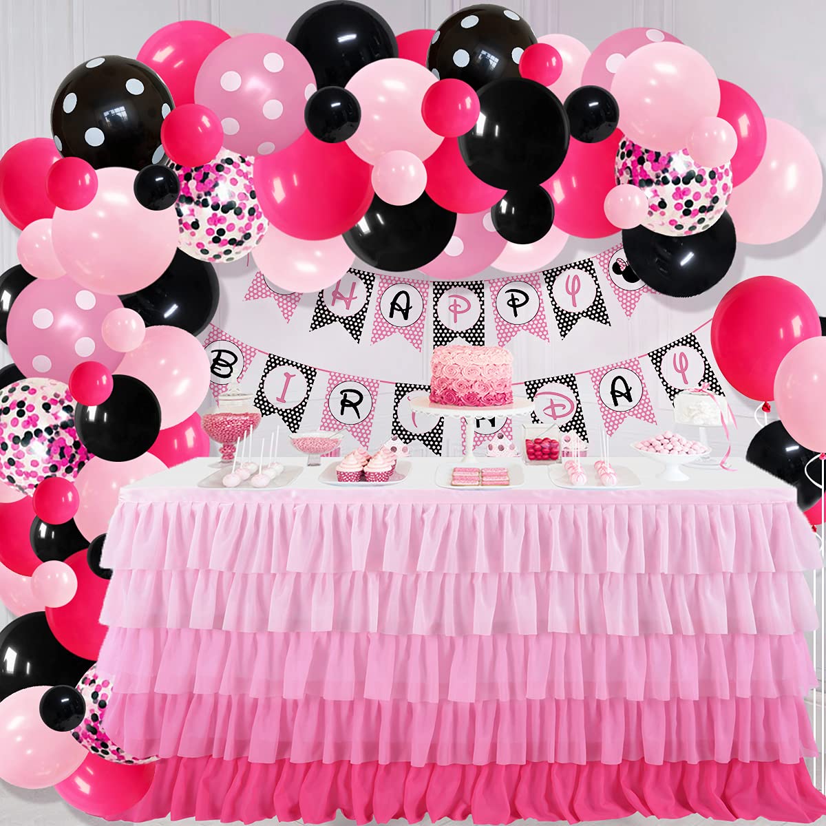 Rose Red Black Pink Balloon Garland Arch Kit - 122Pcs Hot Pink, Black, Rose Red Confetti Balloons For Princess Girl Birthday Wed