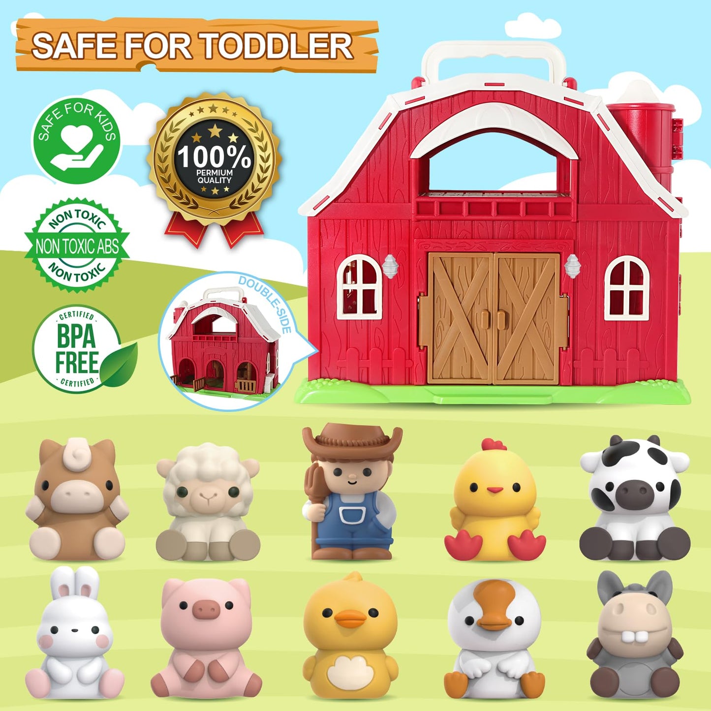 Letapapa Farm Animals Big Barn Toy, Educational Montessori Playset, Red, for Toddlers 1-3 Years, Model LE-GCplayset-10
