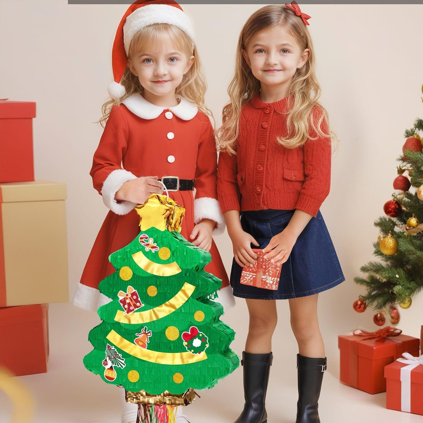 Wernsai Christmas Piata Large Pull String with Blindfold Bat - Cute Tree Design for Christmas Party Games - Green, 16.5  x 12.4