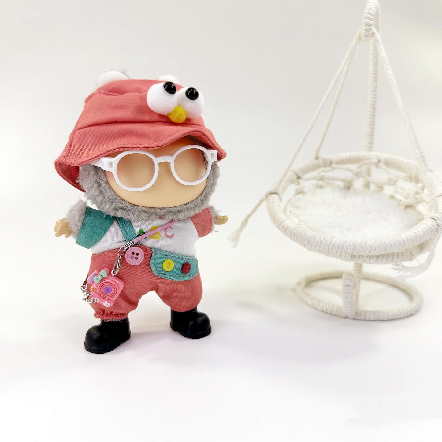 Stylish Adorable 17cm Dolls Clothes  6PCS Doll Outfits Dress-Up with Hat + Top + Pants + Glasses + Shoes + Pendant Accessories (No Dolls) Red