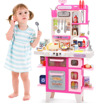 Cute Stone Kids Kitchen Playset, Play Kitchen Set With Sound & Light, Cooking Stove With Steam, Toy Sink,Play Food Toy And Kitch