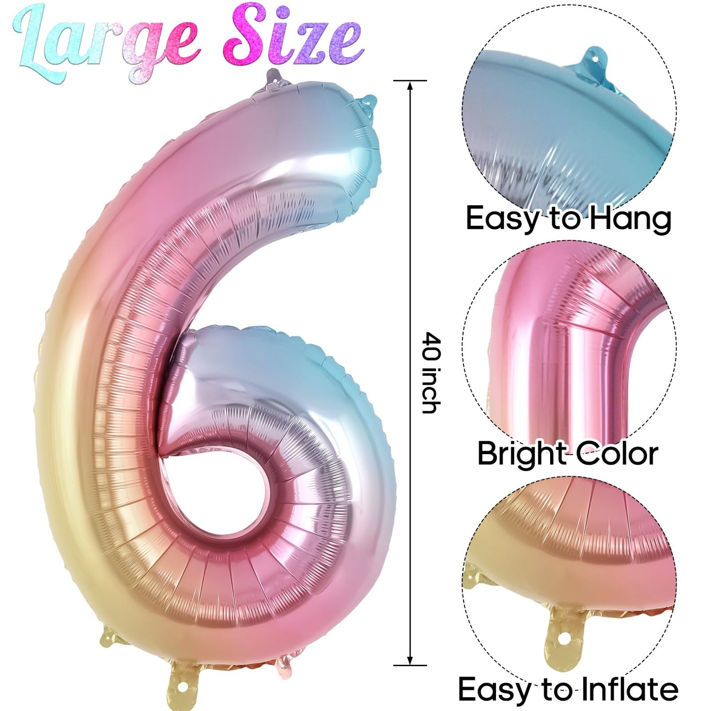 Rainbow Gradient Number 6 Balloon, 40 Inch Big Large Foil Number Balloons, Jumbo Mylar Number 6 Balloons For 6 Year Old Birthday