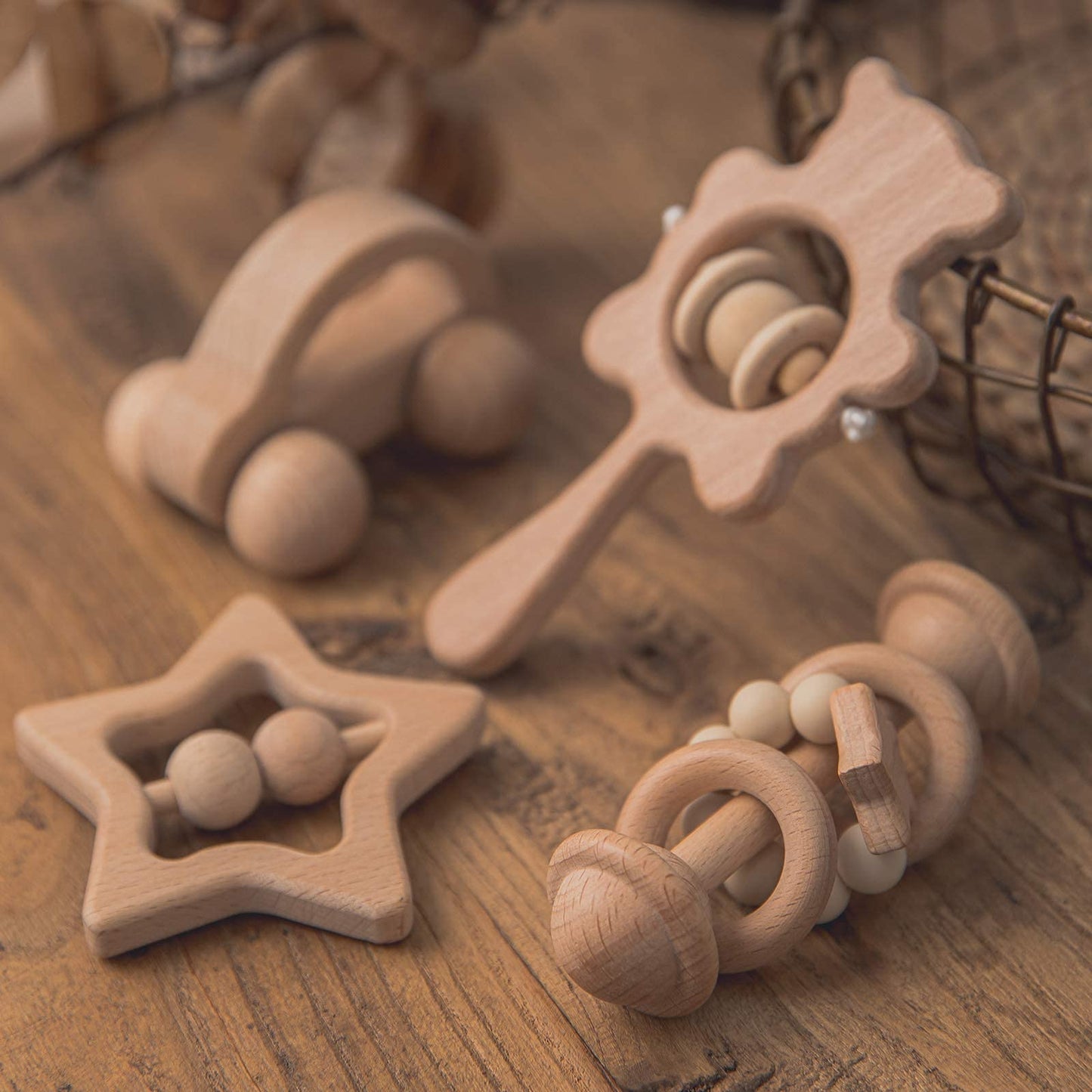 Hi Baby Monment Wooden Baby Toys Set, Wooden Rattle Set,4Pc Handmade Wood Toys,Baby Wooden Toys 36+ Months,Montessori Toys With Wood Car Baby Rattles,For Boys And Girls