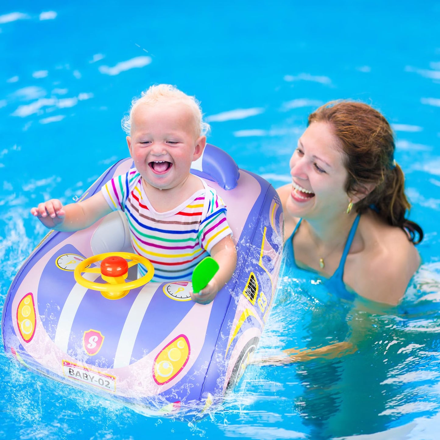 Baby Pool Float with Canopy: Baby Floats for Infants Toddler 6-48 Months Qoosea Swimming Floaties with UPF50+ Sun Protection & Toy Play Steering Wheel & Patch Kit (Purple)
