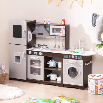 HONEY JOY Kids Kitchen Playset, 2-Piece Modular Wooden Play Kitchen for Toddlers & Washing Machine w/Sink, Lighted Range Hood, B