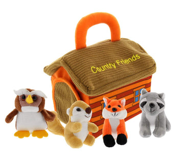 Plush Woodland Animals With Country House Carrier For Kids- 5Pc- Talking Animal Interactive Toy Set- Stuffed Owl, Raccoon, Fox &