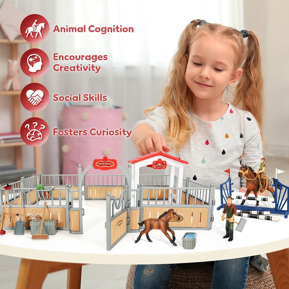 Kidbest Horse Stable Playset, Horse Toys Set For Girls And Boys With Rider, Farm Animal Figurines Barn Toys, Pretend Play Toys For Kids 3-5 6 7 8-10 Birthday Gifts