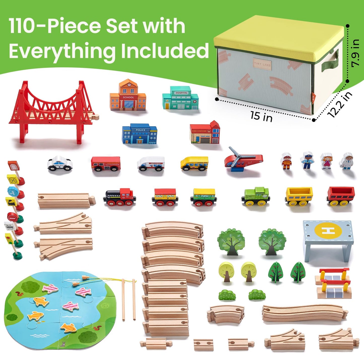 Tiny Land 110pcs Wooden Train Set with Folding Storage Box, Wooden Train Track Toy for Boys & Girls, Age 3-7, Includes Convenien