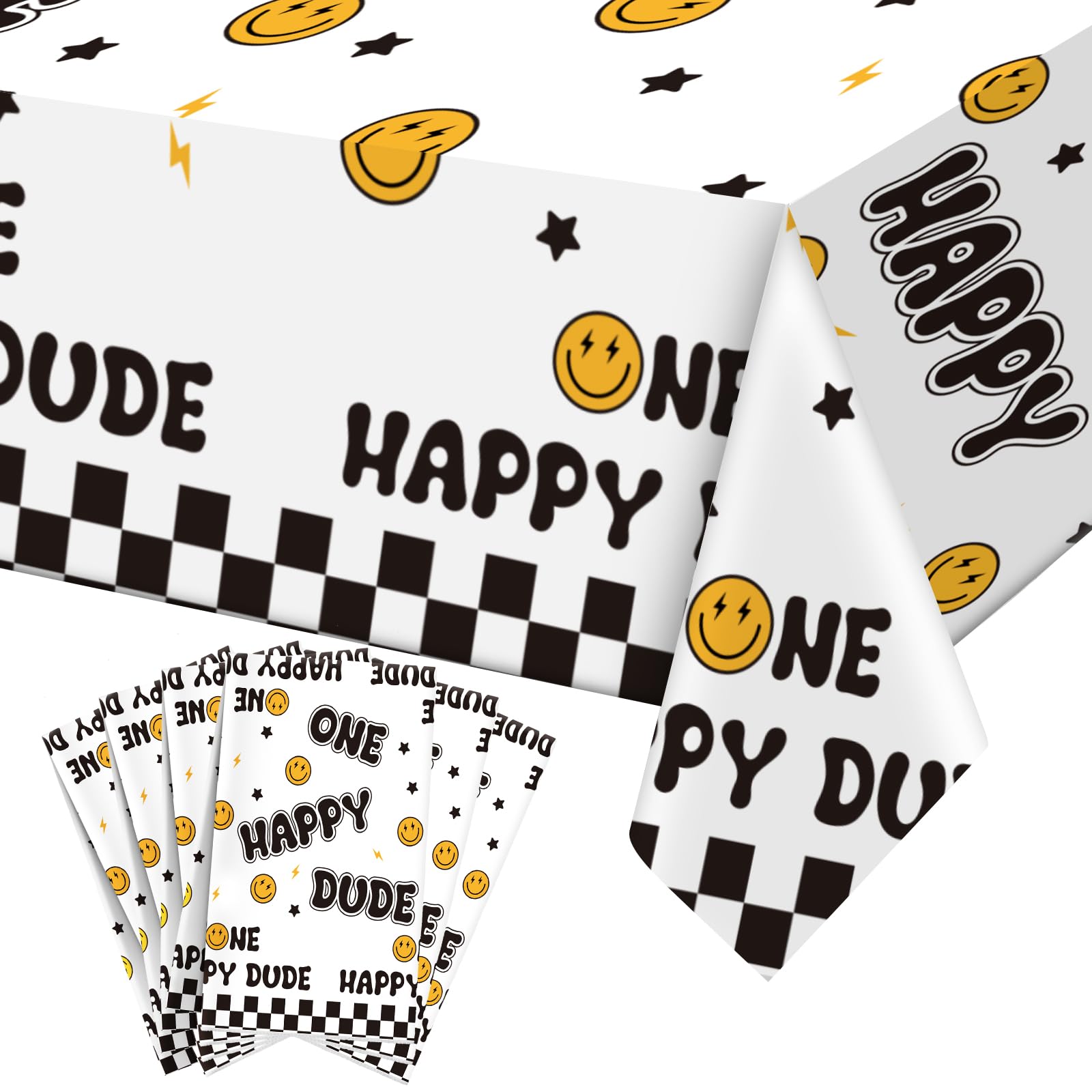 Newwiee 6 Pcs One Happy Dude Birthday Party Tablecloths 51 x 108 Inch One Happy Dude Table Cover Smile Face Plastic Table Cloths