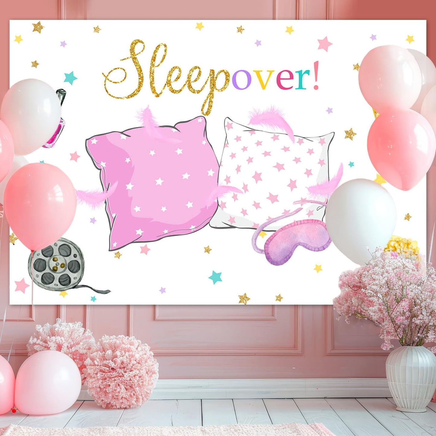 Mocsicka Sleepover Party Backdrop - Pink 5x3ft Polyester Banner for Pajama and Pillow Fight Decorations