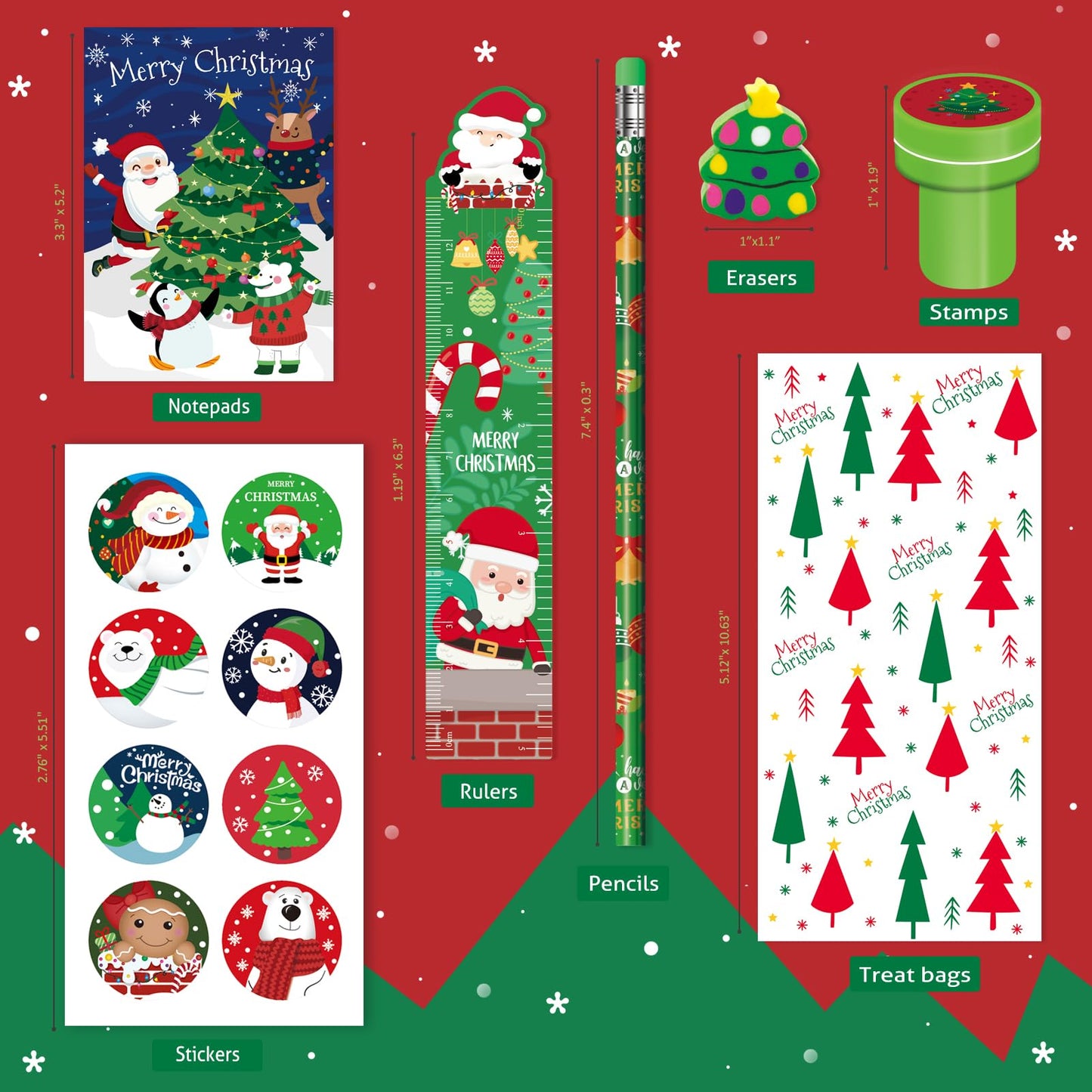 BEARUN 168 Pcs Christmas Party Favors Bulk for Kids-24-Pack Christmas Stationery Set for Stocking Stuffers, Christmas-Themed Cla