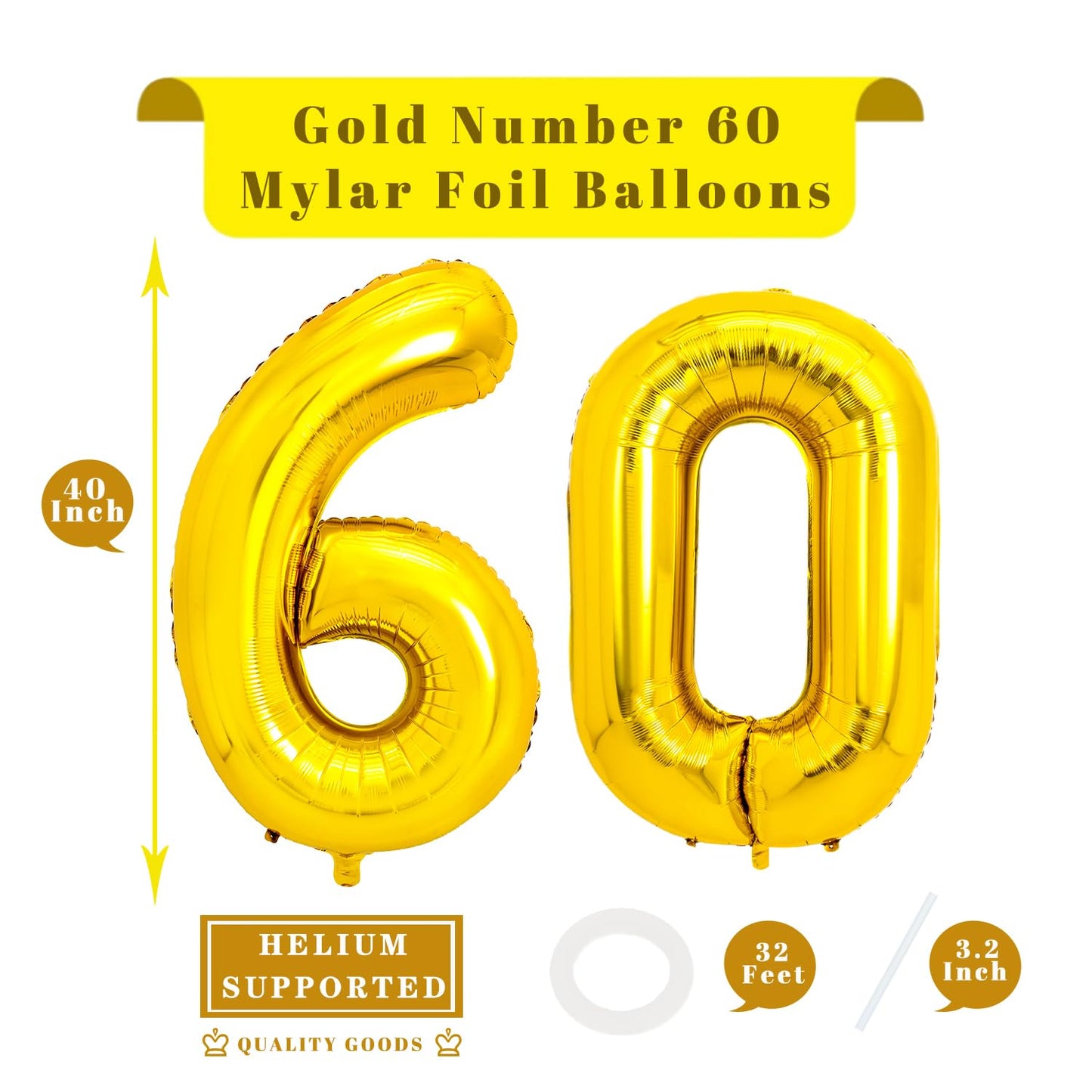 Pigetale 40 Inch 60 Number Balloons Gold Big Giant Jumbo Birthday Decorations Large Foil Mylar Helium Digital Balloons Age 6 60T