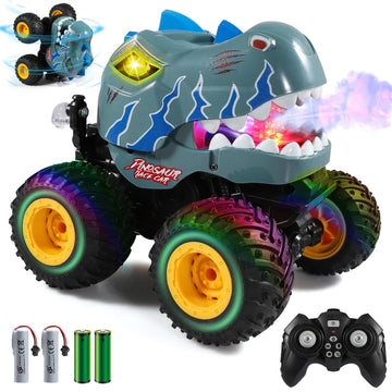 DYODYORC Remote Control Car, 2.4Ghz All Terrain Dinosaur Monster Truck Toys, RC Truck with Spay, Music, 360 Stunt Capable, All I