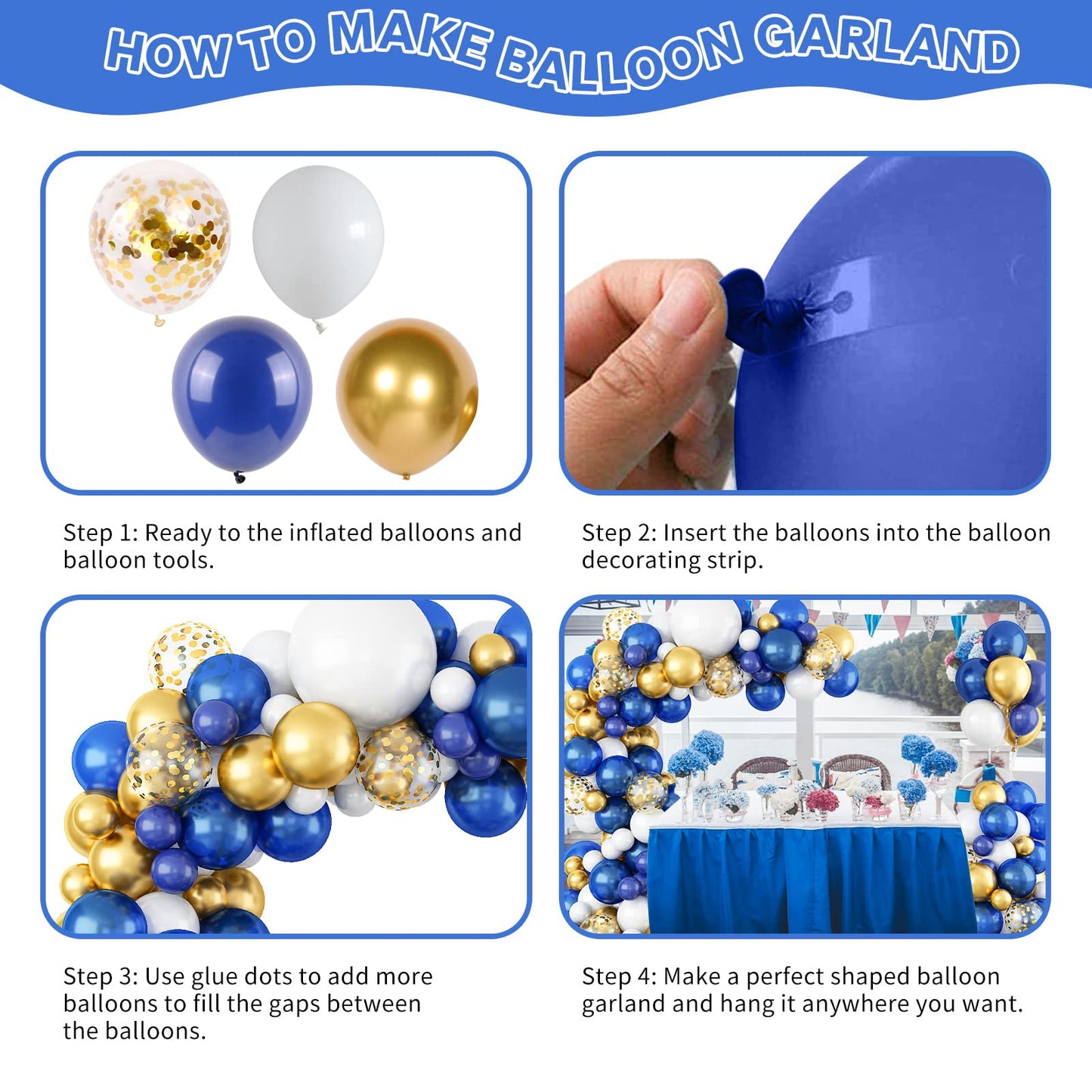 112Pcs Royal Blue Gold White Balloon Arch Garland Kit, Navy Blue And Gold Balloon Arch Kit With Confetti Metallic Chrome Balloon