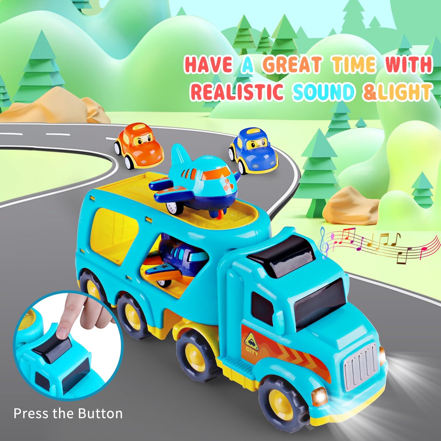 SHAWE 5 in 1 Toys Cars for 3 4 5 6 Years Old Toddlers Boys Girls Gifts, Transport Truck Toys with Sound & Light, Cute Pull Back