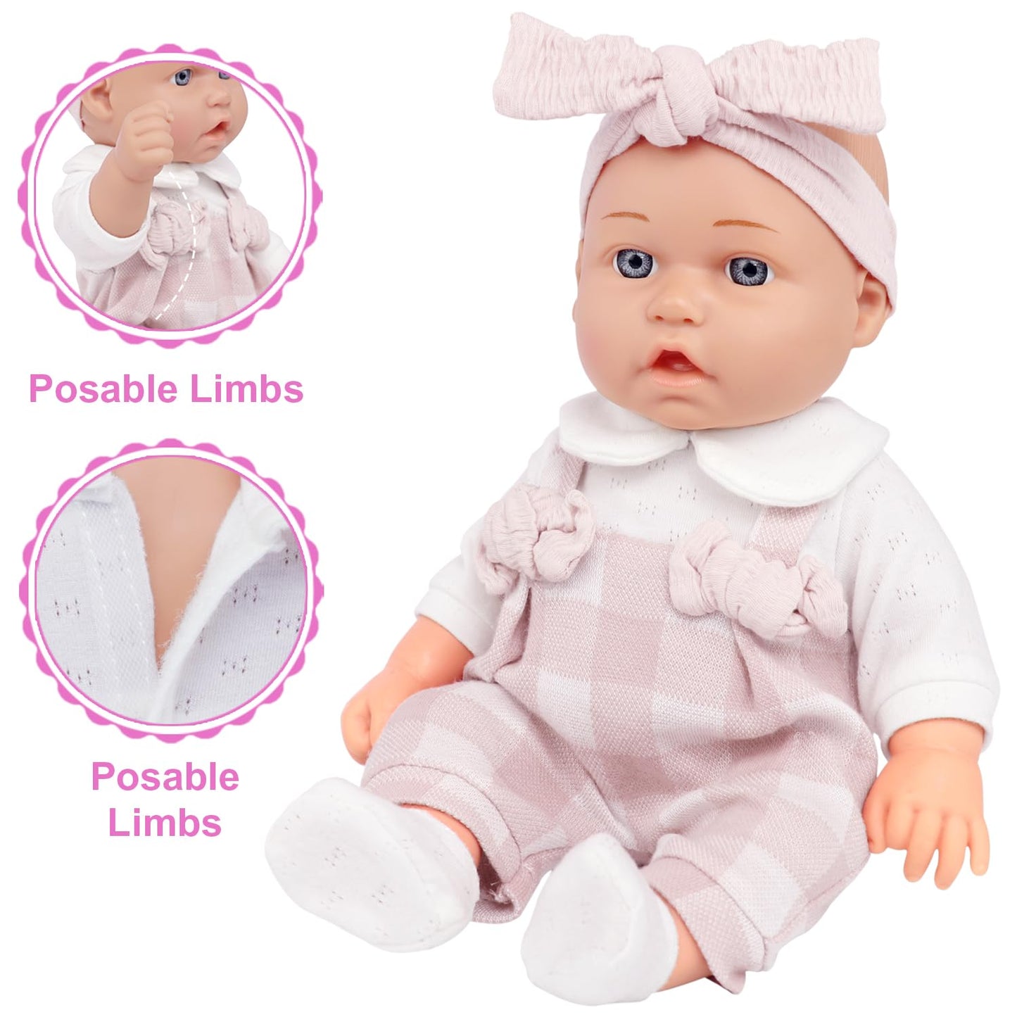 Ecore Fun 12 Inch Baby Doll and Clothes Accessories Playset - 6 Pcs 12 Doll with Pink Romper Outfit  Headband  Socks  Pacifier  Bottle | Gift Ready in Box