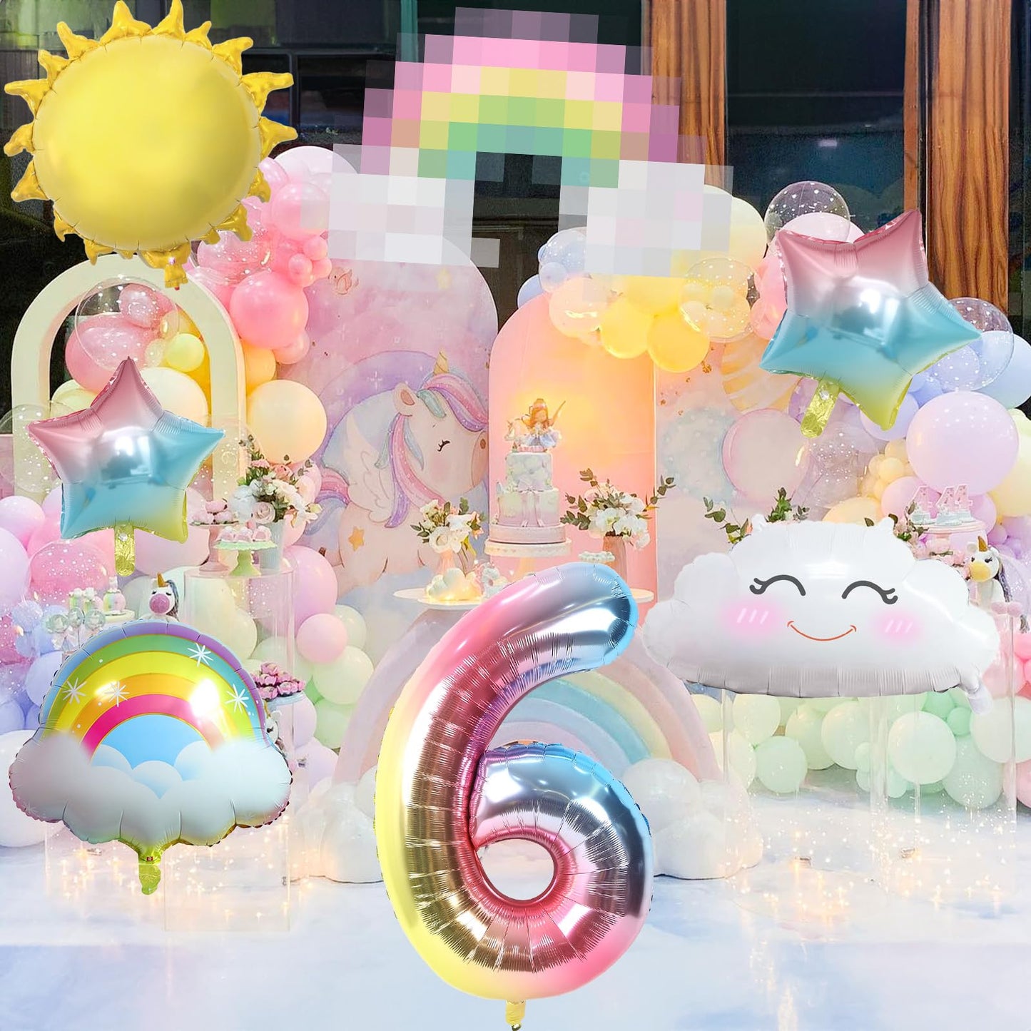 6Th Birthday Decorations Girl, 6Th Rainbow Birthday Balloons Set With Sun Rainbow Gradient Stars And 40 Inch Number 6 Foil Ballo