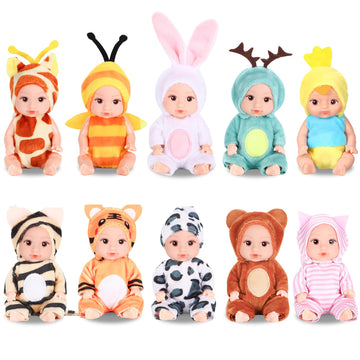 Mxsyshyj 10 Pcs 4 Inch Mini Baby Dolls Playset With Handmade Animal Clothes - Reborn Baby Dolls Realistic Open Eye Design Role P