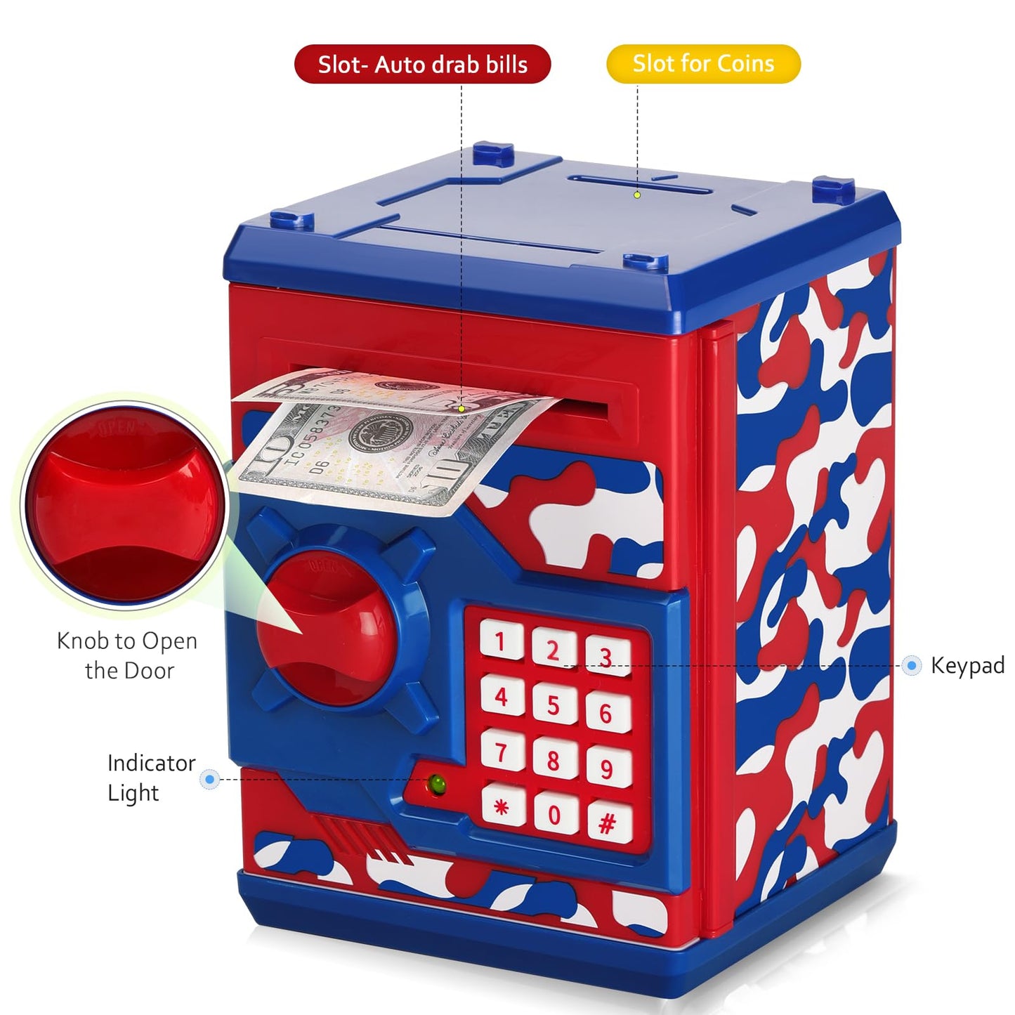 Atm Piggy Bank For Boys Girls, Vcertcpl Mini Atm Coin Bank Money Saving Box With Password, Kids Safe Money Jar For Adults With Auto Grab Bill Slot, Great Gift Toy Bank For Kids (Camouflage Red Blue)