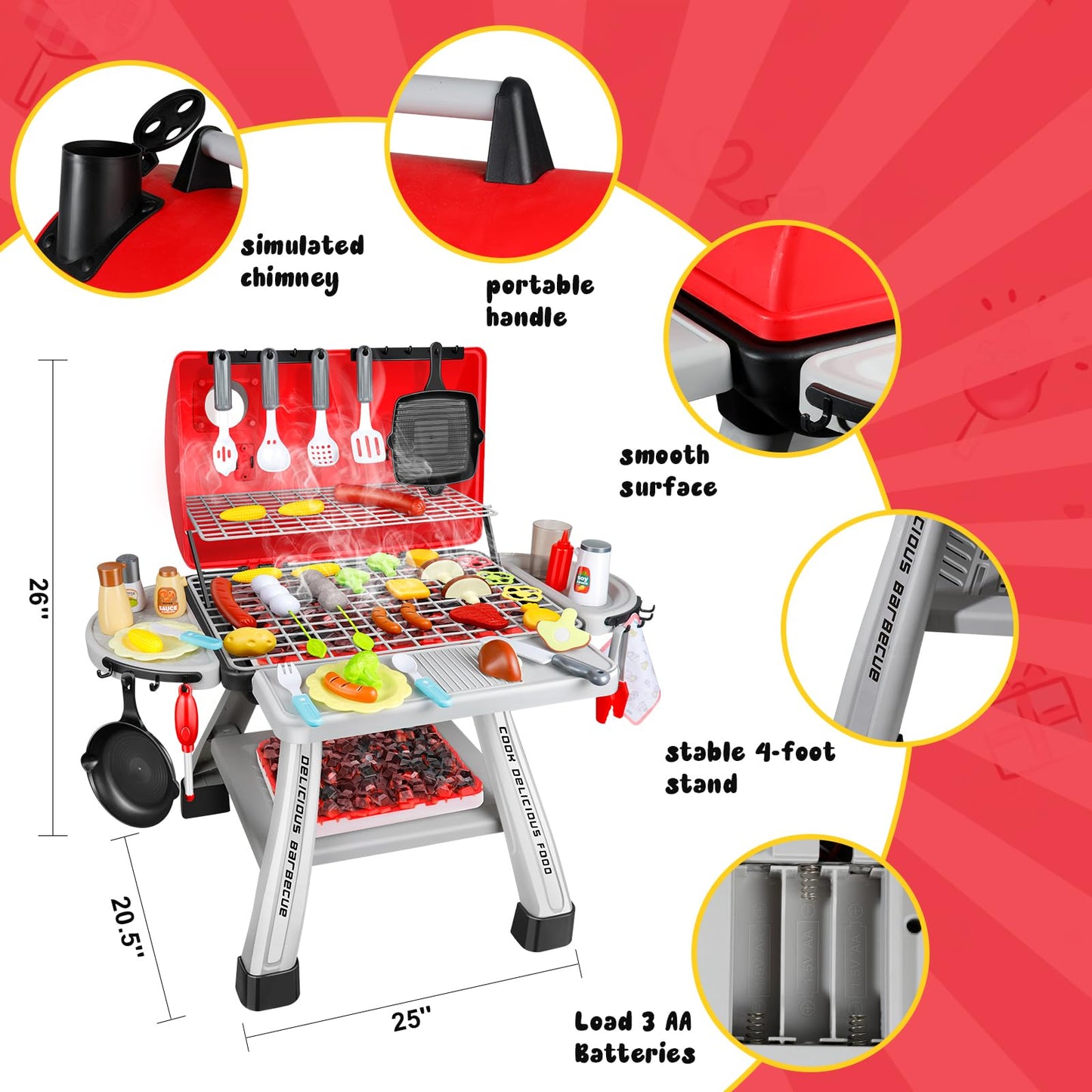 Sumfox 41Pcs Toy Grill Kids Grill Playset with Sound & Light for Toddlers - Kids BBQ Grill Playset for Indoor and Outdoor Kitche