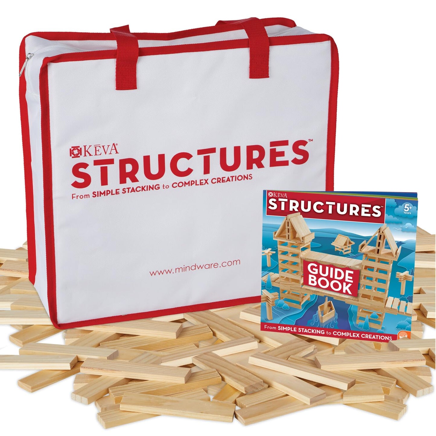 MindWare KEVA Structures 400 Plank Wooden Building Blocks Set - Includes 400 Pine KEVA Planks  Canvas Storage Bag and Full-Color Idea Book