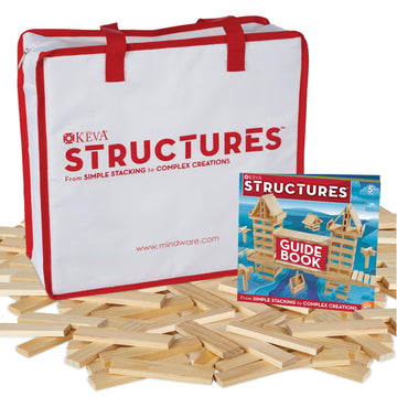 MindWare KEVA Structures 400 Plank Wooden Building Blocks Set - Includes 400 Pine KEVA Planks  Canvas Storage Bag and Full-Color Idea Book