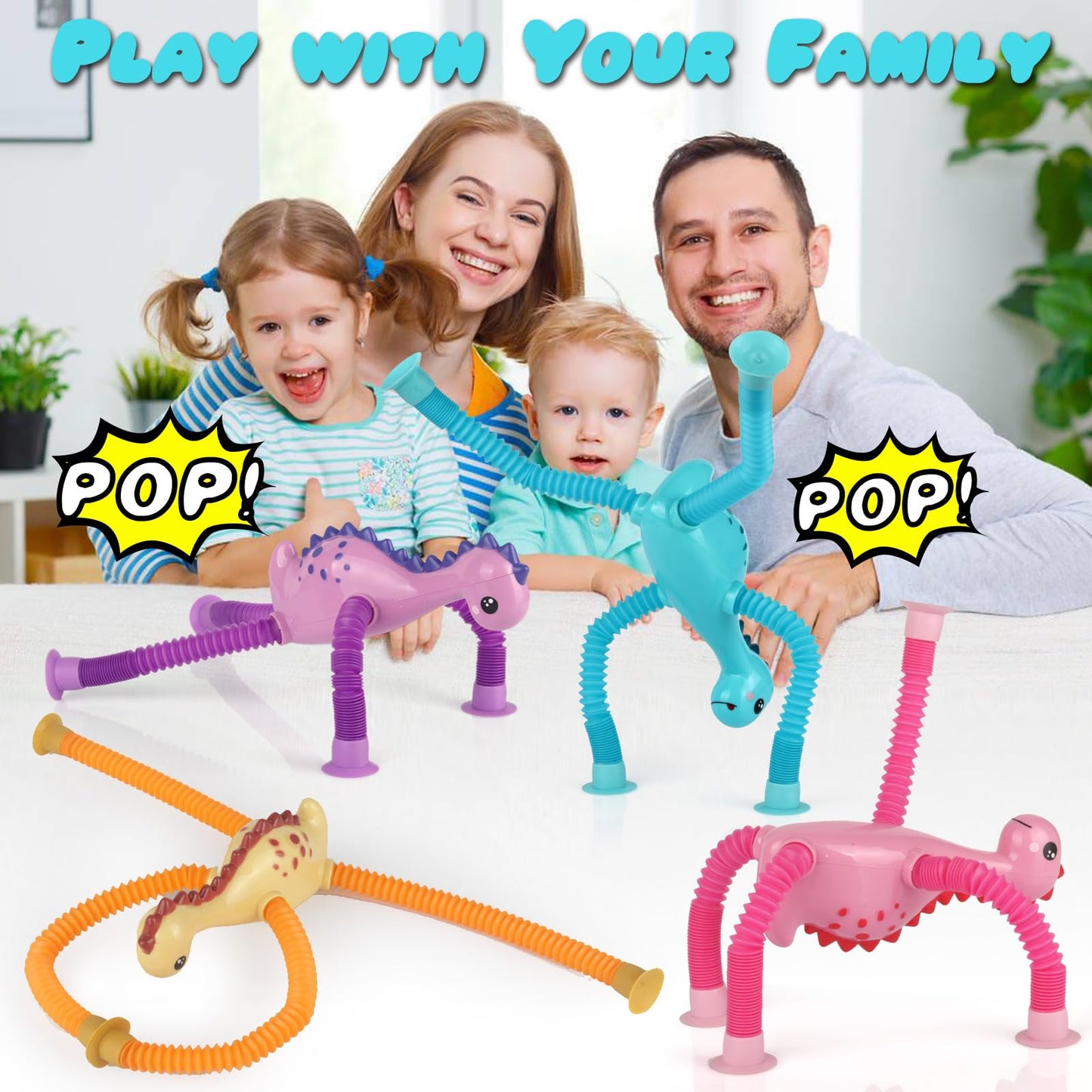 Sysama 4 Pcs Telescopic Suction Cup Toy, Pop Tubes Sensory Toys For Toddlers, Educational Fidget Toys Dinos Party Favors For Anx