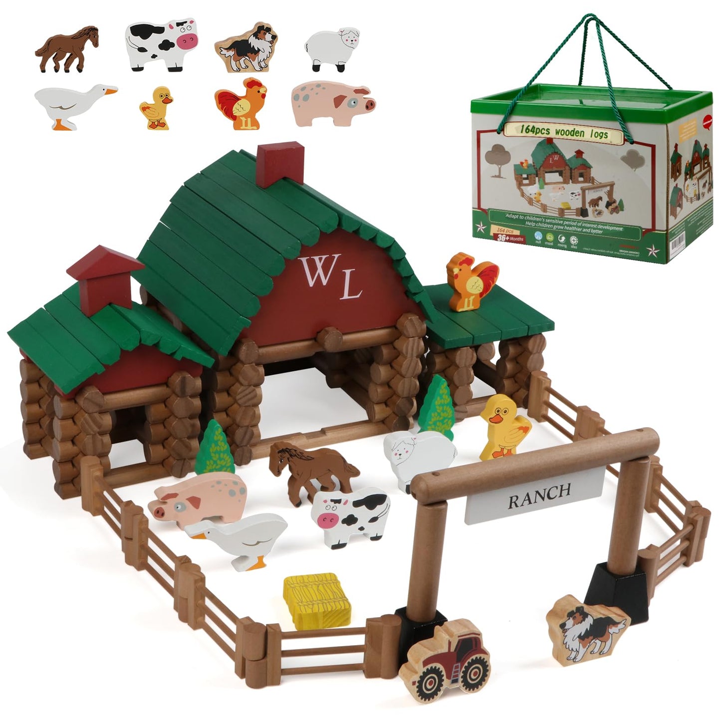 Wondertoys 164 Pcs Wooden Log Set Ranch Real Wood Logs Classic Building Log Ages 3+ Best Retro Farm Building Gift Set Creative C