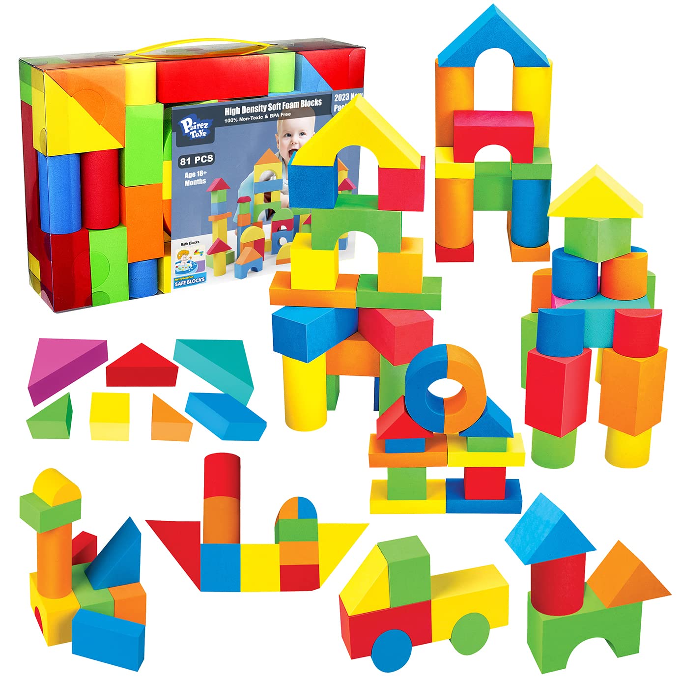 Pairez Toys Foam Building Blocks For Toddlers 1-3, 81 Pieces Soft Stacking Blocks Toy Set, Baby Bath Foam Toys, Sensory And Montosorri Toys For Boys & Girls 18+ Months