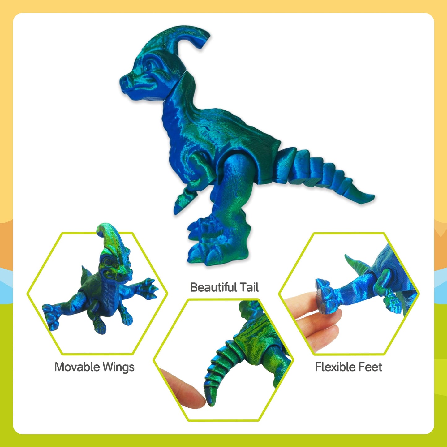 DOSEVENTOY 3D Printed Dragon Figures, Multicolor Iridescent Dinosaur Fidget Toys, Fantasy Creatures Collection (5PCS Multicolore