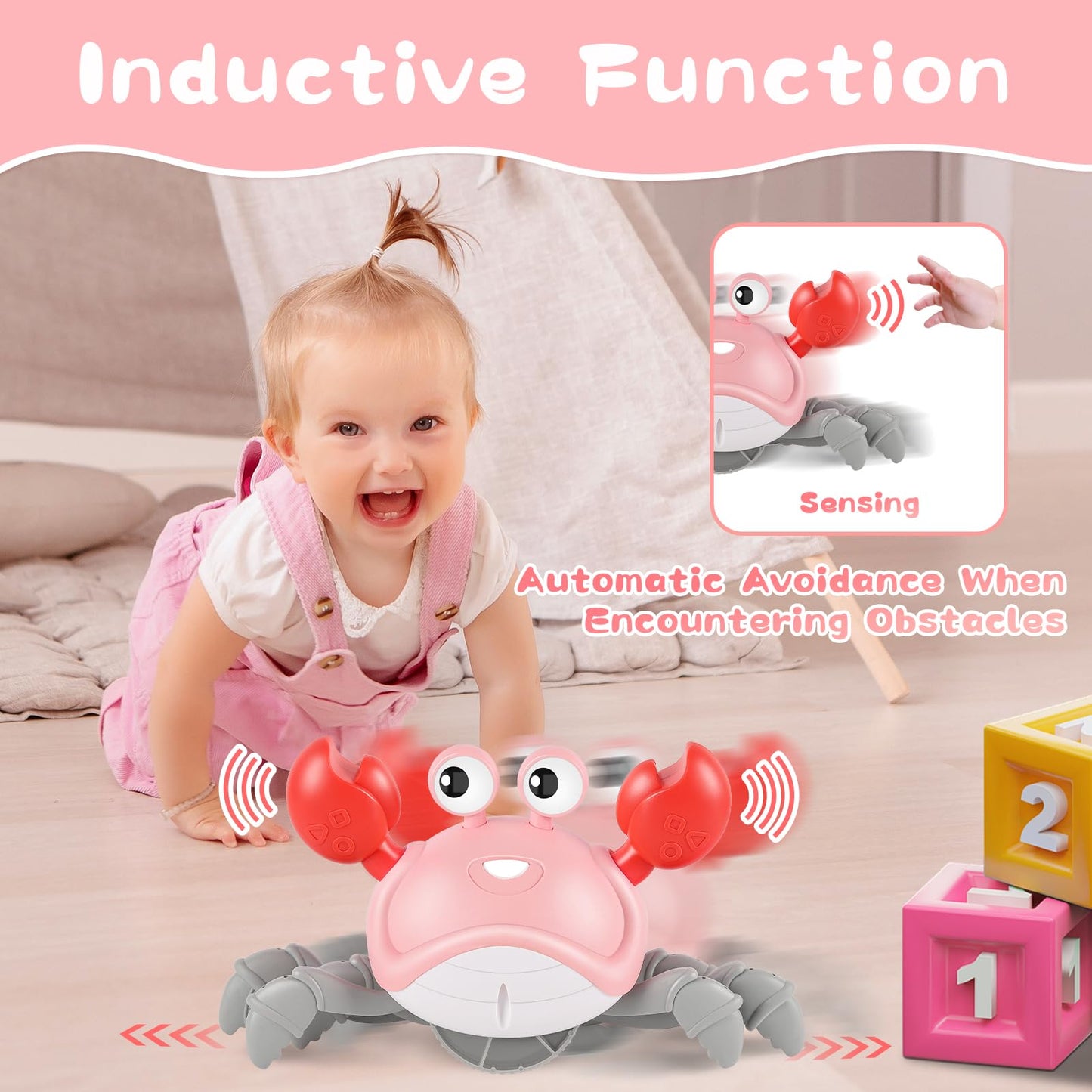 Crawling Crab Baby Girl Toys 3.0, Upgraded Tummy Time Baby Toys 6-12 12-18 Month Toddler Valentines Day Gifts, Walking Dancing Crab With Music&Speed Control For 2 3 4 5 6 7 8 9 10+Girls Birthday Gifts