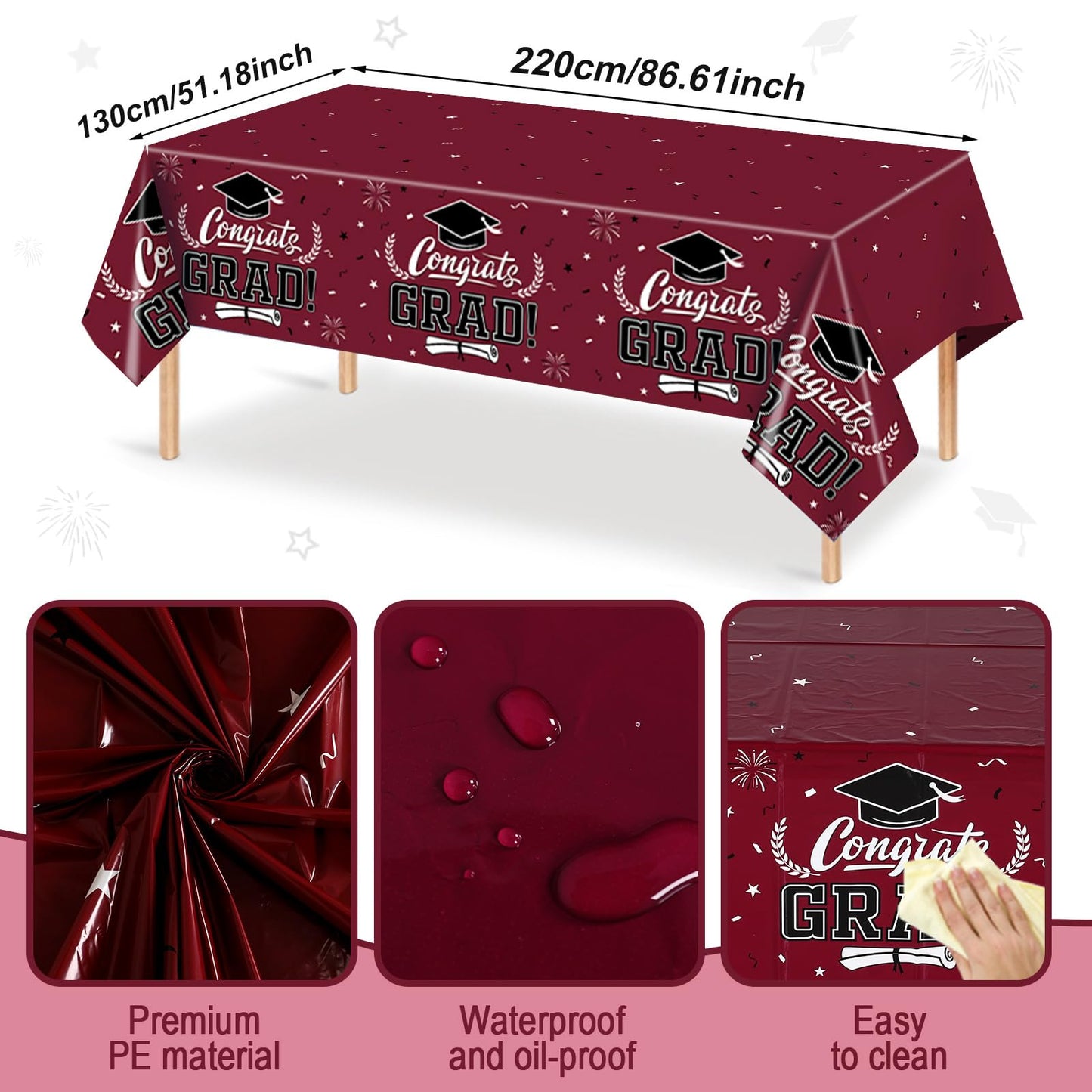 Graduation Decorations 2025 - 3 PCS Maroon Graduation Tablecloths,Plastic Disposable Smoked Red Congrats Grad Table Cover for Co