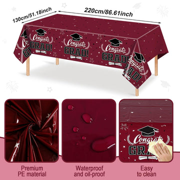 Graduation Decorations 2025 - 3 PCS Maroon Graduation Tablecloths,Plastic Disposable Smoked Red Congrats Grad Table Cover for Co