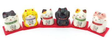 Yakushigama Mini Maneki Neko Set - 6 Antique Black Porcelain Cat Figurines