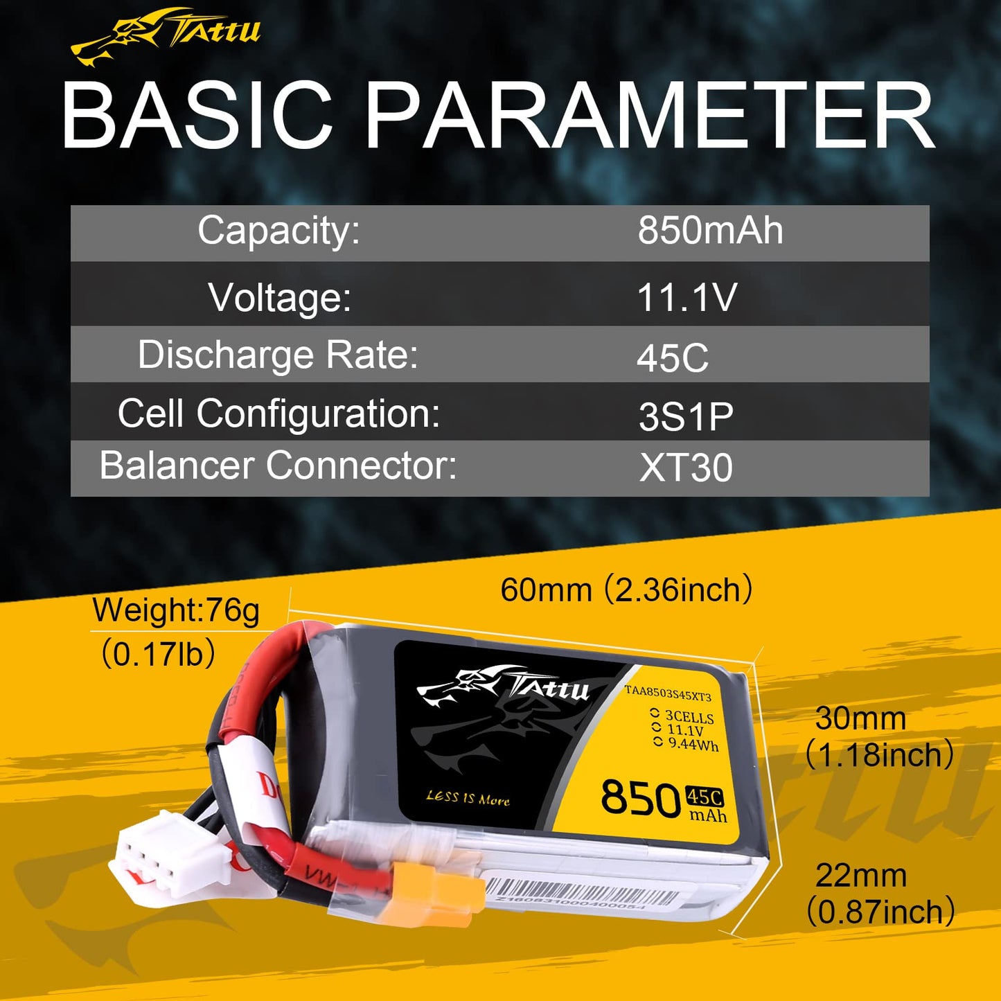 TATTU 850mAh 11.1V 45C 3S LiPo Battery Pack with XT30 Plug for Multirotor FPV 150 180 Size Quadcopter