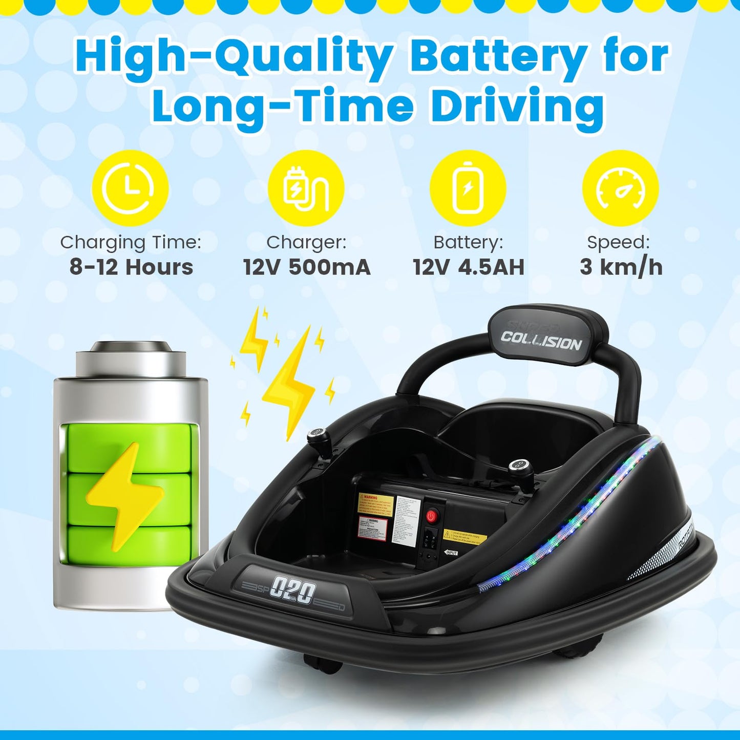 Olakids Bumper Car For Toddlers, 12V Kids Electric Ride On Toy With Remote Control, Battery Powered Vehicle Racer For Baby, 360 Degree Spin Rotation, Colorful Flashing Led Lights, Music (Black)