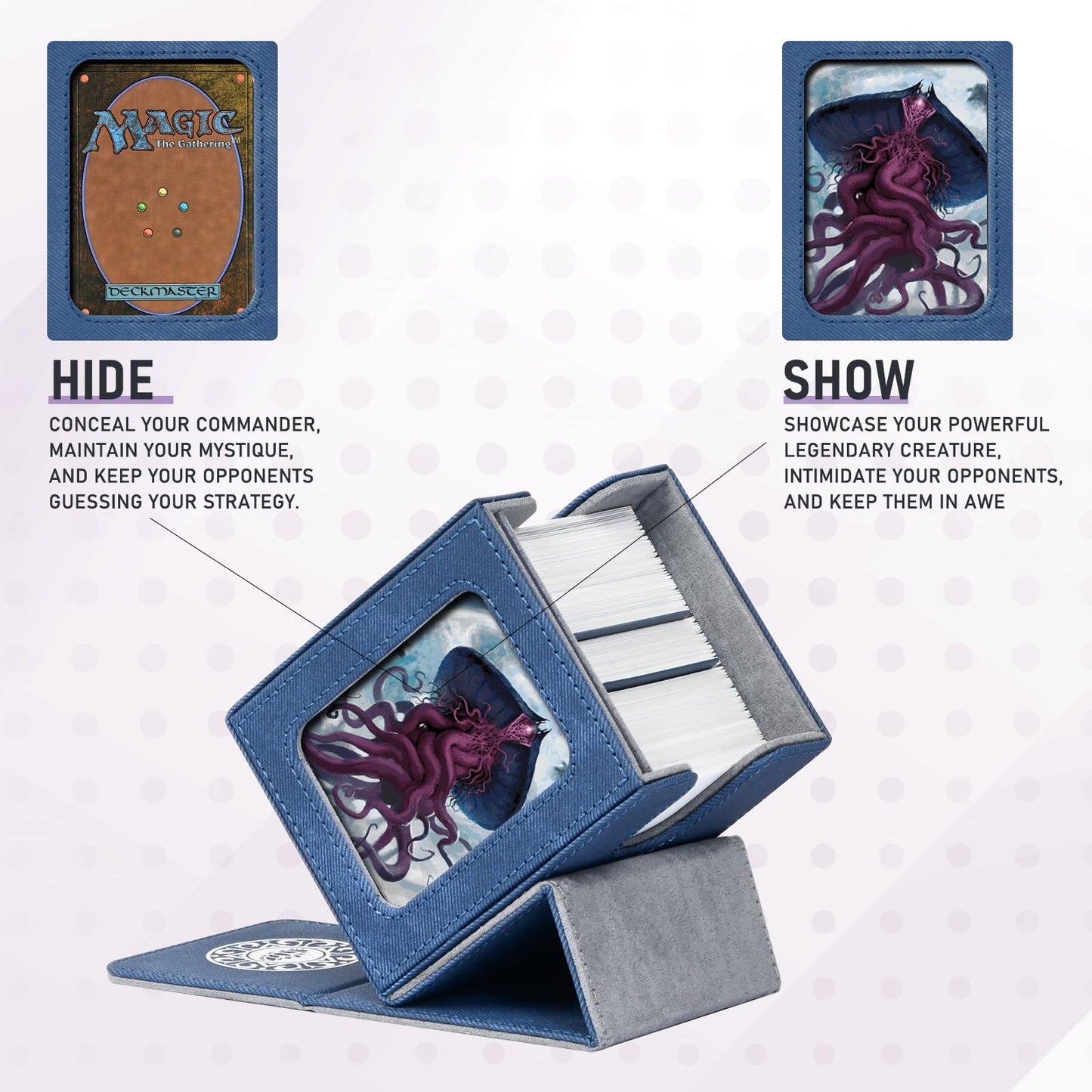 Infinity Guard Card Deck Box for MTG with Commander Display for 100+ Double Sleeved Cards  Magnetic Card Storage Box Fits for TCG Sports Trading Cards (Blue Purple&Grey)