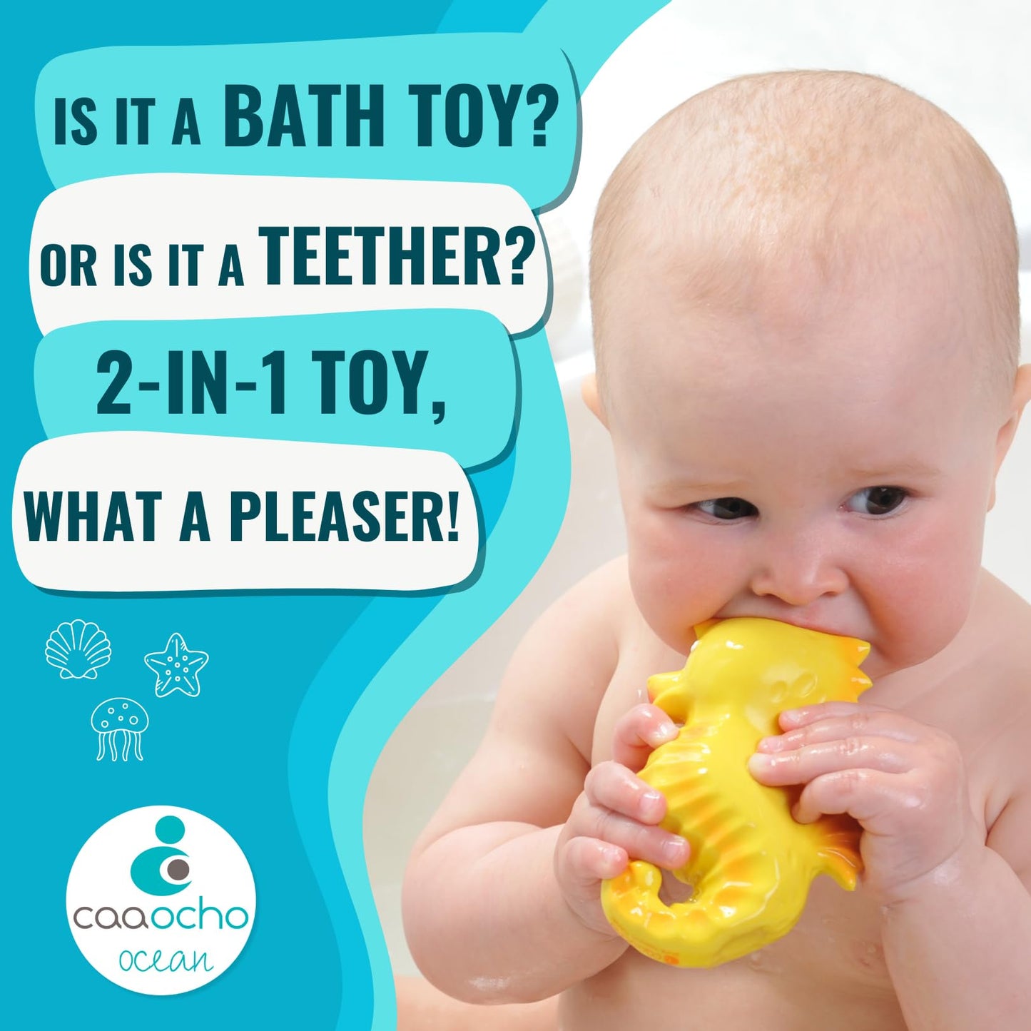 Caaocho Pure Natural Rubber Bath Toy - Nalu The Seahorse Baby Toy - Hole Free Bath Toys, Bpa Free Bath Toys For Infants, Without