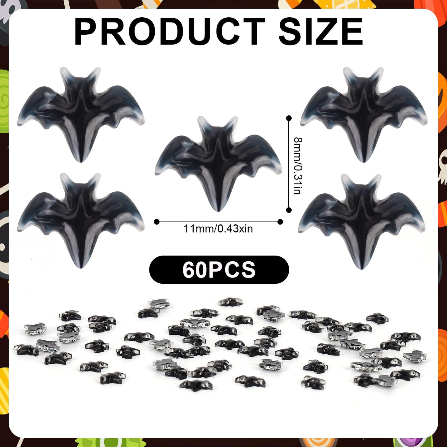 60pcs Halloween Mini Bats  Smooth Washable Resin Halloween Dollhouse Miniatures Dollhouse Miniature Tiny Bats Spooky Themed Cartoon Flat Back Bats for Crafts Scrapbooking (Black)